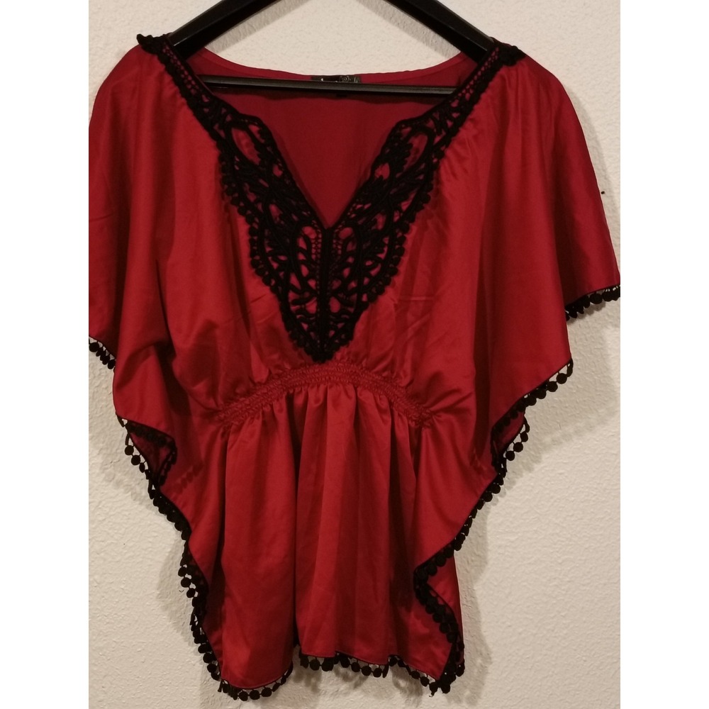Takara Women's Red Kaftan Top With Black Lace Trim Cinched Elastic Waist Size L - Picture 2 of 7